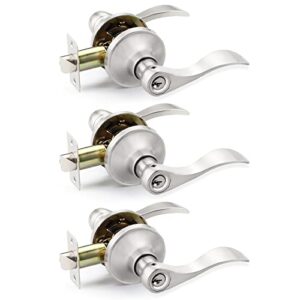 front door handles with keys and locks satin nickel finish, keyed alike entry door levers one keyway lockset for interior bedroom bathroom or exterior doors, home/office use, pack of 3