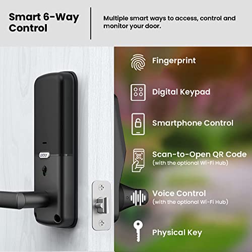 Lockly Secure Plus Latch, Bluetooth Smart Lock with Handle, Keyless Entry Door Lock, PIN Genie® Keypad, 3D Biometric Fingerprint Sensor, Auto Lock - Matte Black (PGD628FMB)