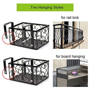 Tosnail Set of 2 Pack Rectangular Metal Railing Plant Stand, Large and Small Flower Pot Holder, Fence Planter Tray for Indoor Outdoor Use - Black