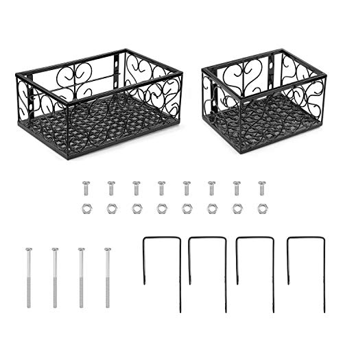 Tosnail Set of 2 Pack Rectangular Metal Railing Plant Stand, Large and Small Flower Pot Holder, Fence Planter Tray for Indoor Outdoor Use - Black