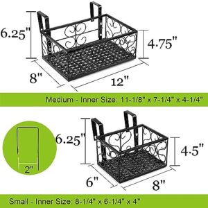 Tosnail Set of 2 Pack Rectangular Metal Railing Plant Stand, Large and Small Flower Pot Holder, Fence Planter Tray for Indoor Outdoor Use - Black