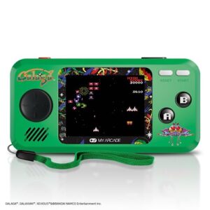 my arcade pocket player handheld game console: 3 built in games, galaga, galaxian, xevious, collectible, full color display, speaker, volume controls, headphone jack, battery or micro usb powered