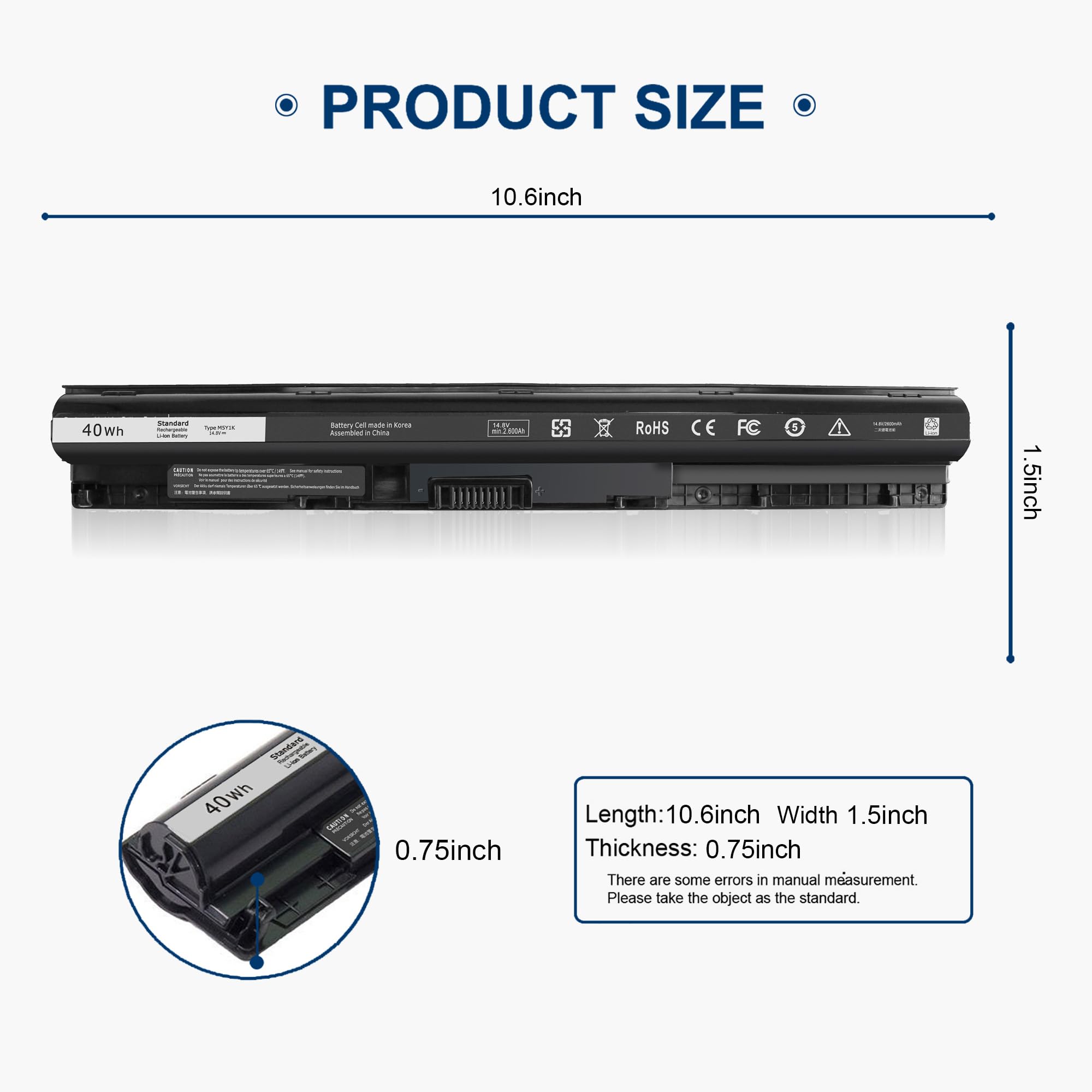 M5Y1K Laptop Battery Compatible with Dell Inspiron 40Wh 14.8V,14 15 17 3000 5000 Series,5558 5559 3551 453-BBBR 3452 3451 3458N 3567 5755 5758 5759,Vostro 3458 3558,6YFVW VN3N0 GXVJ3 W6D4J HD4J0 4WY7C