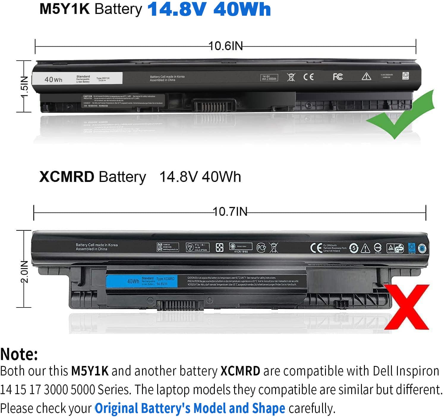 M5Y1K Laptop Battery Compatible with Dell Inspiron 40Wh 14.8V,14 15 17 3000 5000 Series,5558 5559 3551 453-BBBR 3452 3451 3458N 3567 5755 5758 5759,Vostro 3458 3558,6YFVW VN3N0 GXVJ3 W6D4J HD4J0 4WY7C