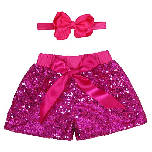 Baby Girls Shorts Kids Sparkle Toddler Sequin Shorts Glitter on Both Sides Birthday Outfits Headband Hot Pink 3T