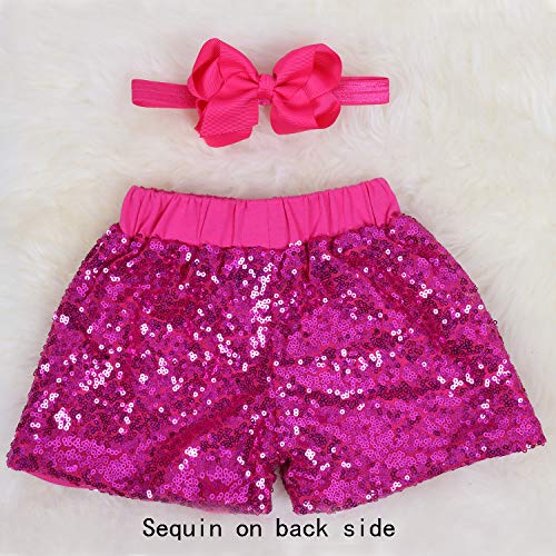 Baby Girls Shorts Kids Sparkle Toddler Sequin Shorts Glitter on Both Sides Birthday Outfits Headband Hot Pink 3T