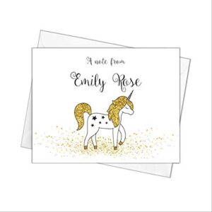 gold unicorn note cards with envelopes, personalized stationery set for girls, pack of 10 folded notecards