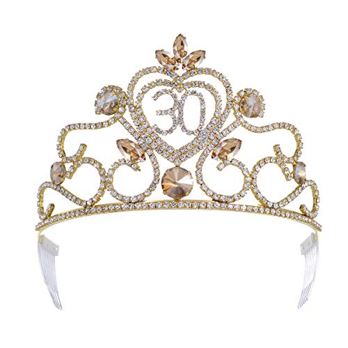 YZHSTONE Women 30th Birthday Tiaras Crown Gold Metal Rhinestone Crystal Birthday Queen Tiara Crowns 30 Birthday Crowns Tiaras Princess Girls 30th Birthday Queen Crown Tiara