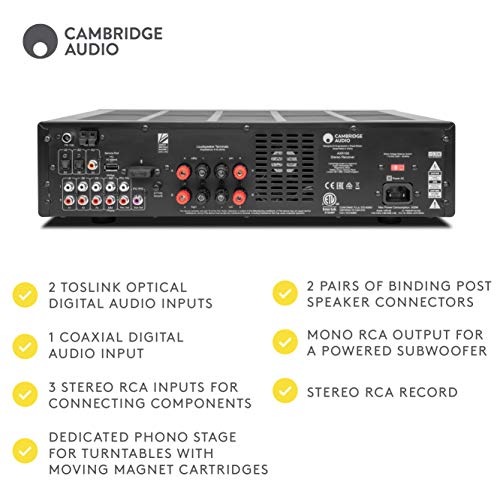 Cambridge Audio AXR100 100-Watt Stereo Receiver with Bluetooth | Built-in Phono Stage, 3.5mm Input, AM/FM with RDS