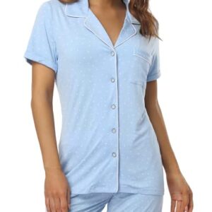 COLORFULLEAF Womens Pajamas Set Summer Short Sleeve Sleepwear Button Down Nightwear Shorts Soft Pj Sets(Blue/White Dots, 3XL)