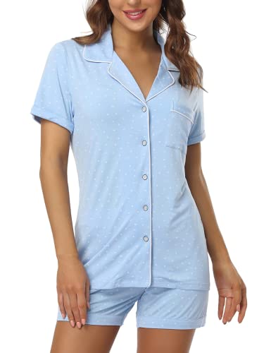 COLORFULLEAF Womens Pajamas Set Summer Short Sleeve Sleepwear Button Down Nightwear Shorts Soft Pj Sets(Blue/White Dots, 3XL)