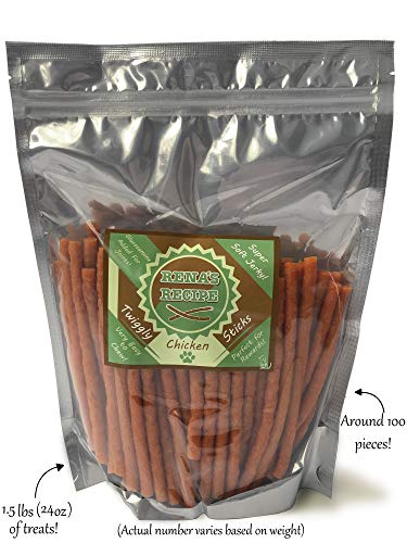 Rena's Recipe Twiggly Chicken Sticks (24oz /1.5lbs) Big Pack (Around 100 Pieces) - Rawhide Free Soft Chicken Jerky Sticks with Glucosamine!