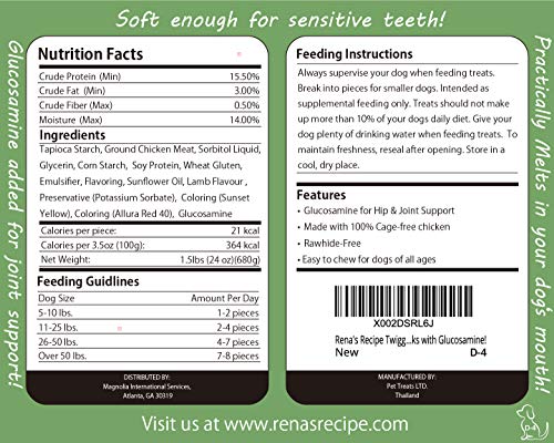 Rena's Recipe Twiggly Chicken Sticks (24oz /1.5lbs) Big Pack (Around 100 Pieces) - Rawhide Free Soft Chicken Jerky Sticks with Glucosamine!