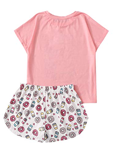 DIDK Women's Cartoon Print Tee and Curved Hem Shorts Pajama Set Pink and White XS