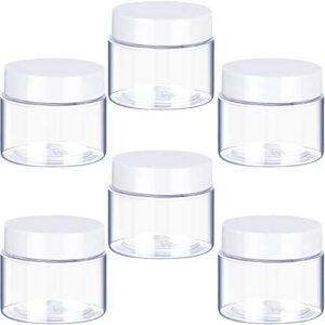 6 pack 1 oz plastic pot jars round clear leak proof plastic cosmetic container jars with white lids for travel storage make up, eye shadow, nails, powder, paint, jewelry (white-1 oz)