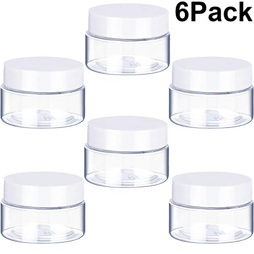6 Pack 2 oz Plastic Pot Jars Round Clear Leak Proof Plastic Cosmetic Container Jars with White Lids for Travel Storage Make Up, Eye Shadow, Nails, Powder, Paint, Jewelry(2 oz)