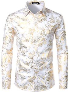 zeroyaa men's luxury paisley gold shiny printed stylish slim fit button down dress shirt zlcl18 white gold medium