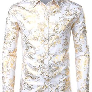 ZEROYAA Men's Luxury Paisley Gold Shiny Printed Stylish Slim Fit Button Down Dress Shirt ZLCL18 White Gold Medium