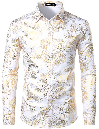 ZEROYAA Men's Luxury Paisley Gold Shiny Printed Stylish Slim Fit Button Down Dress Shirt ZLCL18 White Gold Medium
