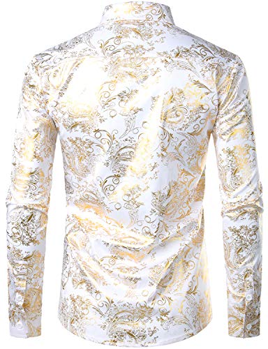 ZEROYAA Men's Luxury Paisley Gold Shiny Printed Stylish Slim Fit Button Down Dress Shirt ZLCL18 White Gold Medium