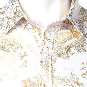 ZEROYAA Men's Luxury Paisley Gold Shiny Printed Stylish Slim Fit Button Down Dress Shirt ZLCL18 White Gold Medium