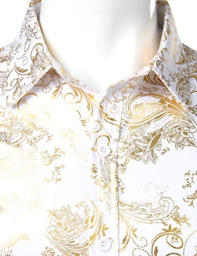 ZEROYAA Men's Luxury Paisley Gold Shiny Printed Stylish Slim Fit Button Down Dress Shirt ZLCL18 White Gold Medium