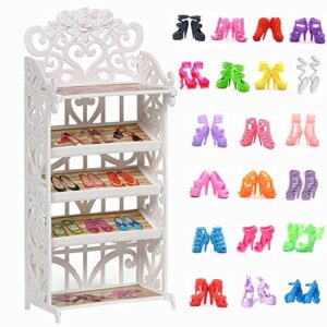 doublewood 1 doll shoes rack + 20 pairs doll shoes replacement playset accessories different assorted colors high heel boots sandals doll shoes set for 11.5 inch girl doll