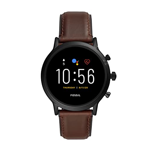 Fossil 44mm Gen 5 Carlyle Stainless Steel and Leather Touchscreen Smart Watch, Color: Black, Brown (Model: FTW4026)