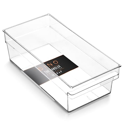 BINO | Plastic Storage Bins, Shallow Medium | THE HANDLER COLLECTION | Multipurpose | Kitchen Pantry &Freezer Organizers | Clear Containers for Organizing Home |