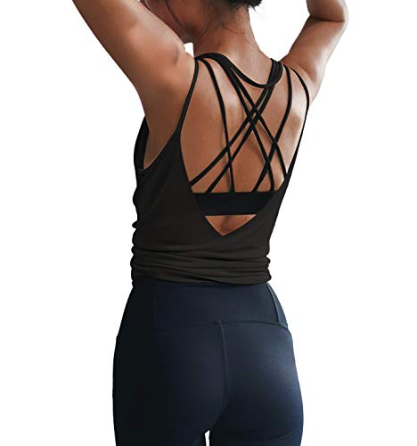 LEXISLOVE Womens Summer Workout Tank Tops Sexy Open Back Backless Yoga Shirt Activewear Workout Clothes Running Sports Gym Loose Cute V Neck Sleeveless Beach Tops Black S