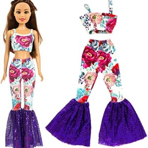 ZITA ELEMENT 3 Sets Fashion 28 Inch Girl Doll Clothes Dress Outfits - Quality Casual Wear Clothes Set, Fashion Sun Flower Off Shoulder Dress and Sequined Flared Pants for 28 Inch Girl Doll Clothing