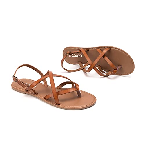 COLGO Women's Summer Strappy Flat Sandals, Adjustable Casual Fisherman Sandal with Open Toe Slingback Gladiator Sandals (8.5,Brown)