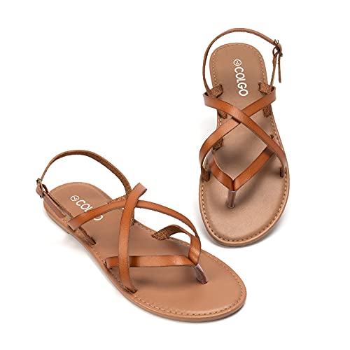 COLGO Women's Summer Strappy Flat Sandals, Adjustable Casual Fisherman Sandal with Open Toe Slingback Gladiator Sandals (8.5,Brown)