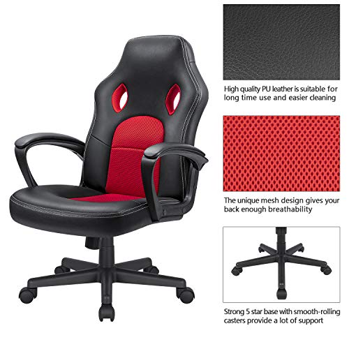 KaiMeng Office High Back Leather Computer Ergonomic Height Adjustable Racing Game Desk Executive Conference Task Chair, 19.5" x 20.1" x 44.2", Red