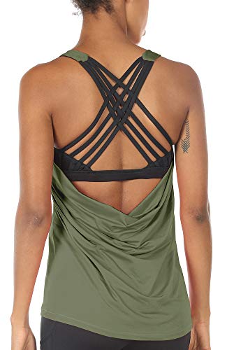 icyzone Yoga Tops Workouts Clothes Activewear Built in Bra Tank Tops for Women (M, Olive)