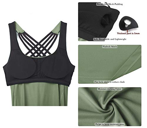 icyzone Yoga Tops Workouts Clothes Activewear Built in Bra Tank Tops for Women (M, Olive)