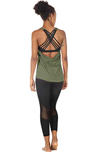 icyzone Yoga Tops Workouts Clothes Activewear Built in Bra Tank Tops for Women (M, Olive)