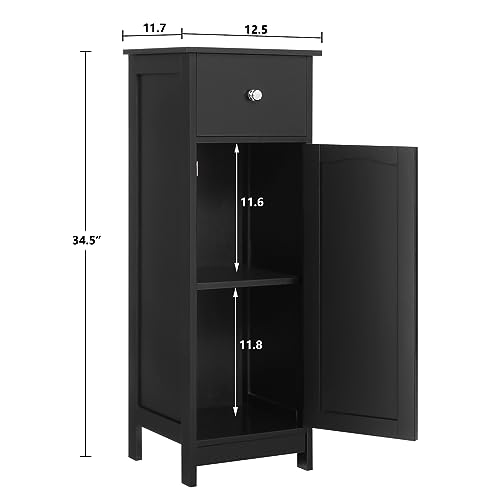 Iwell Bathroom Floor Cabinet, Storage Cabinet with Large Drawer, Wooden Free-Standing Cabinet with Door for Bathroom, Living Room, Bedroom, Black