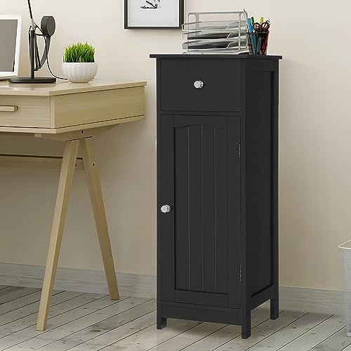 Iwell Bathroom Floor Cabinet, Storage Cabinet with Large Drawer, Wooden Free-Standing Cabinet with Door for Bathroom, Living Room, Bedroom, Black