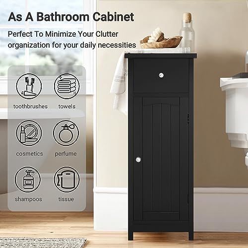 Iwell Bathroom Floor Cabinet, Storage Cabinet with Large Drawer, Wooden Free-Standing Cabinet with Door for Bathroom, Living Room, Bedroom, Black