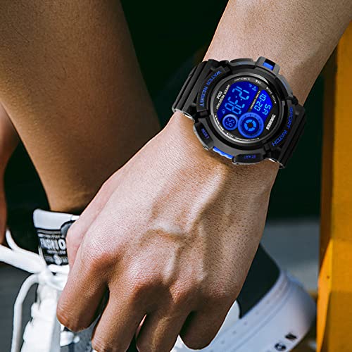 FANMIS Mens Military Multifunction Digital Watches 50M Water Resistant Electronic 7 Color LED Backlight Black Sports Watch (Blue)