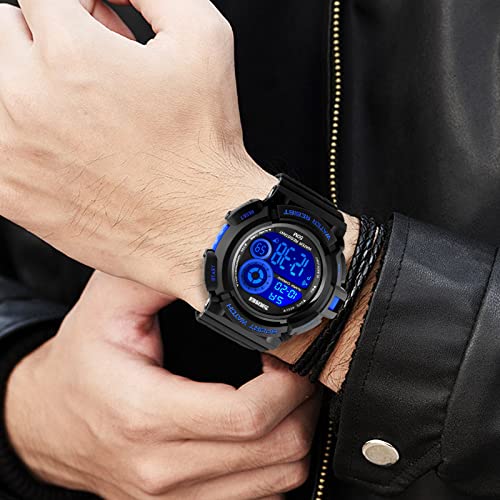 FANMIS Mens Military Multifunction Digital Watches 50M Water Resistant Electronic 7 Color LED Backlight Black Sports Watch (Blue)