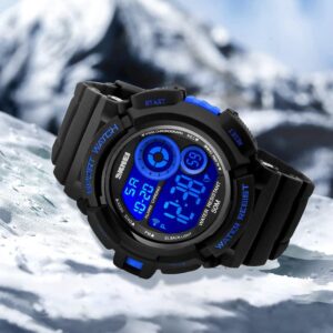 FANMIS Mens Military Multifunction Digital Watches 50M Water Resistant Electronic 7 Color LED Backlight Black Sports Watch (Blue)