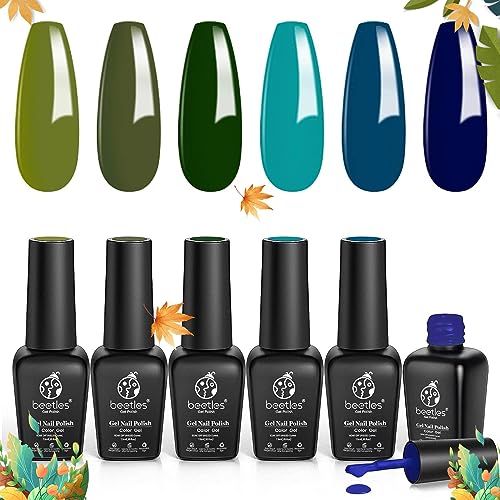 Beetles Green Gel Nail Polish Kit - Olive Green Avocado Gel Polish Set Gel Nail Kit Navy Blue Dark Blue Turquoise Soak Off Nail UV Lamp Nail Gel Kit Nail Art Gifts Box