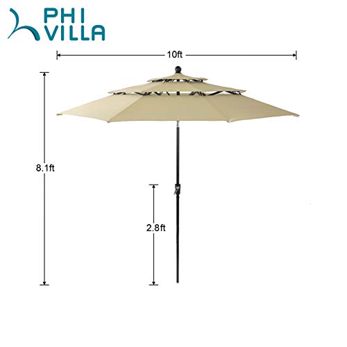 PHI VILLA 10ft Patio Umbrellas, Outdoor 3 Tier Vented Market Table Umbrella with 1.5" Aluminum Pole and 8 Sturdy Ribs, (Beige) for Poolside, Garden Terrace