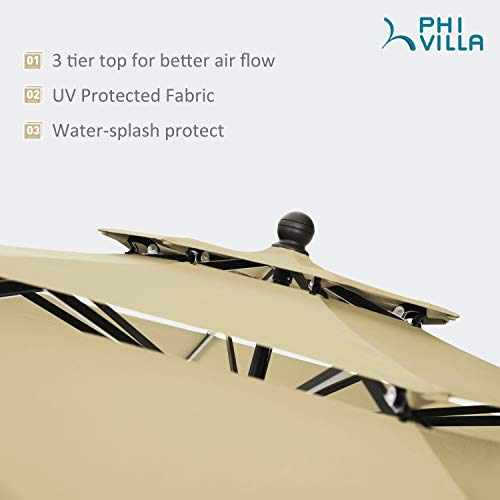 PHI VILLA 10ft Patio Umbrellas, Outdoor 3 Tier Vented Market Table Umbrella with 1.5" Aluminum Pole and 8 Sturdy Ribs, (Beige) for Poolside, Garden Terrace