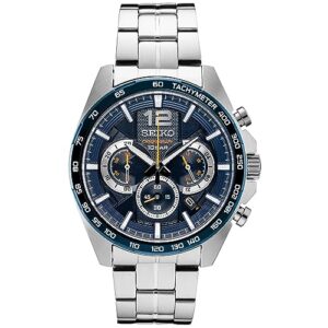 seiko ssb345 watch for men - essentials collection - with quartz chronograph, tachymeter bezel, blue ion-finish, date calendar, stainless steel case and bracelet, and 100m water-resistant