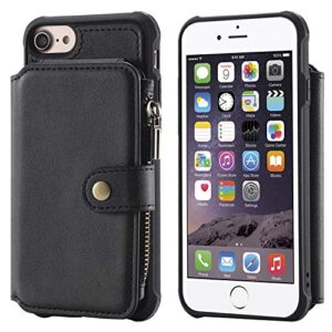 phone cover for iphone 8 2019 leather,black 4.7inch holder 8 card slot (id card,credit card) magnetic buckle coin pocket with zipper photo frame cash slot waterproof gift girls boys unisex