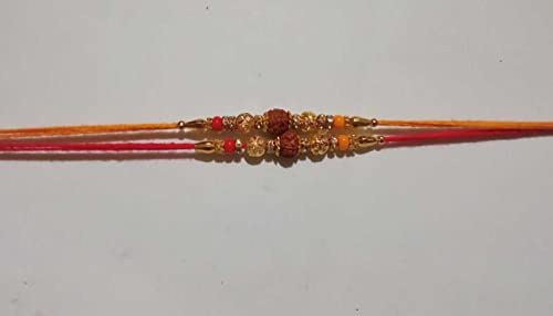 Rakhi for Brother Rakhi Set of 2 SINGLE RUDRAKSH WITH RINGS AND GOLDEN BEED Thread Bracelet for Bhai Bhaiya- Indian Rakhi Raksha Bandhan Festival gift for your loving Brother/Sibling , Family Member