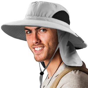 sun cube fishing hat sun hat for men, women, hiking sun hat with neck flap, wide brim, chin strap, safari summer bucket boonie hat, upf 50+ outdoor protection, packable breathable mesh (light gray)
